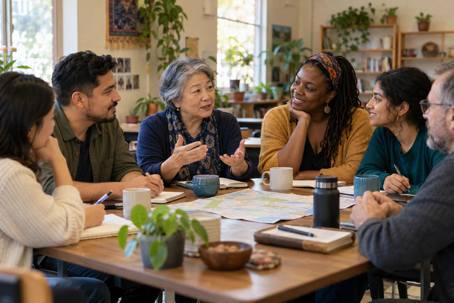 Adults listening and sharing ideas around a table.