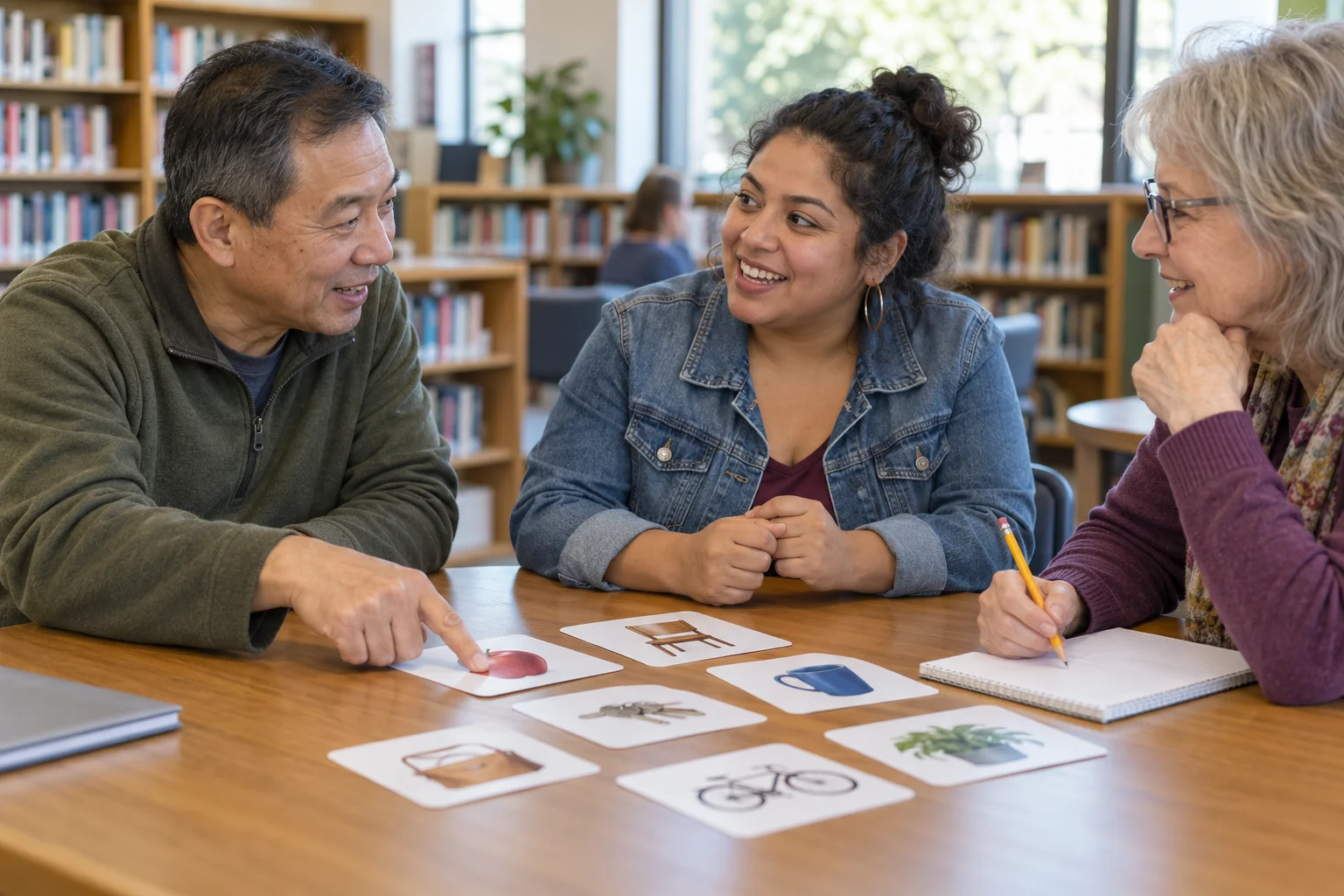 Three adults practicing a conversation in a library.