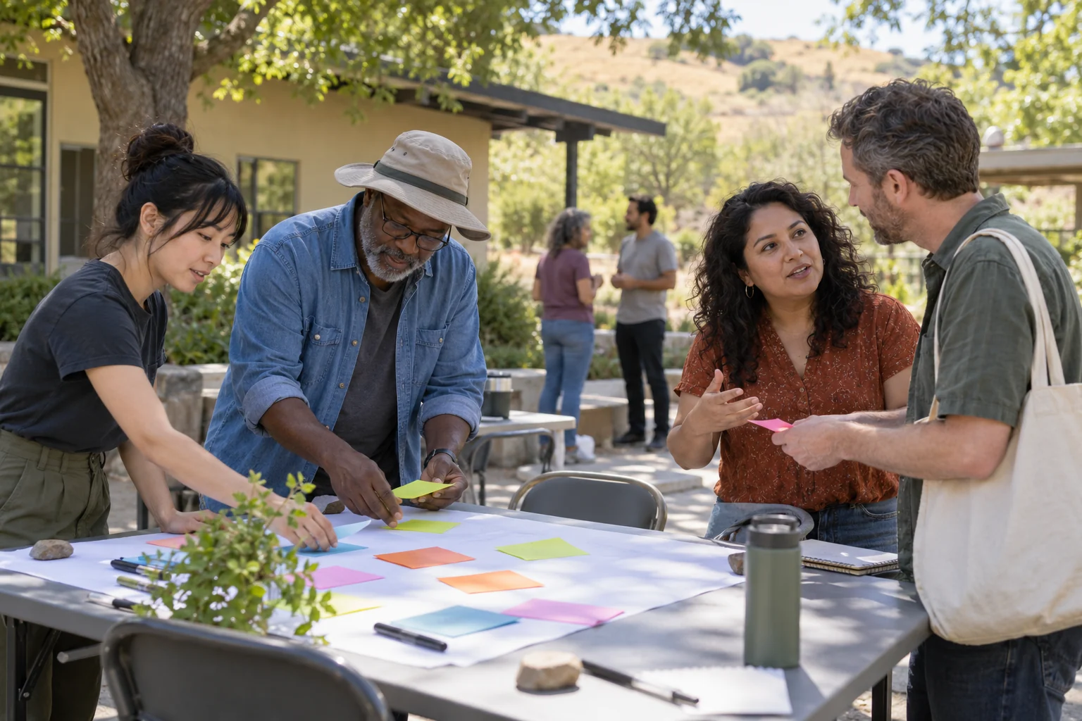 Neighbors gathering ideas at an outdoor community table.